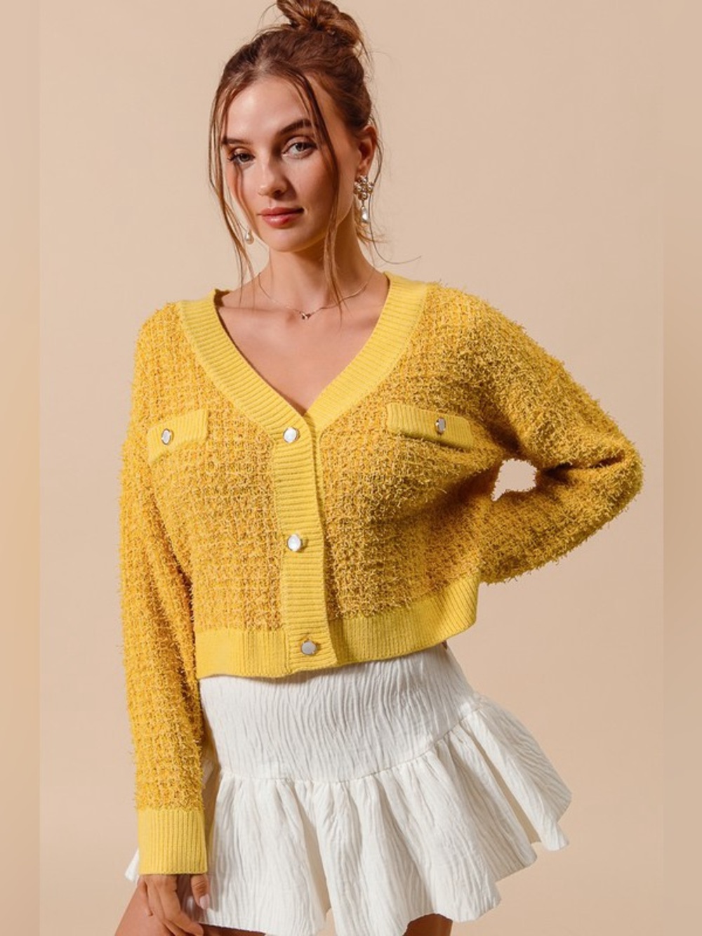 SO ME Frayed Tweed Knit Buttoned Front Cardigan